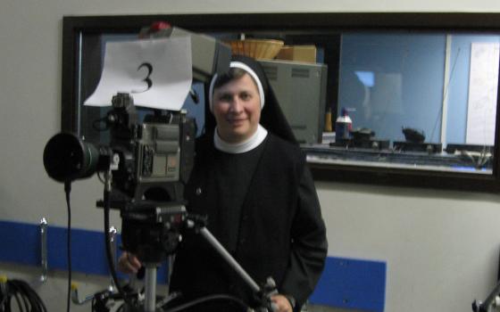 Basilian Sr. Monica Jaciuk behind the camera at PCTV for the "Kairos" series (Courtesy of Ann Laszok)
