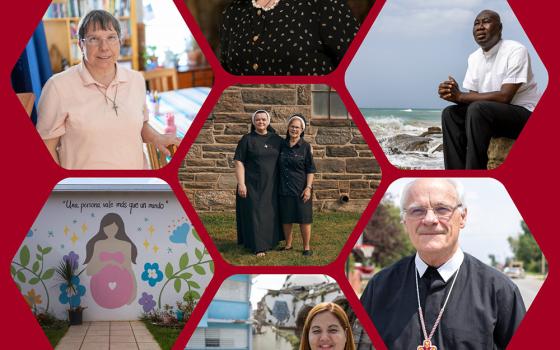A collage featuring the seven finalists who have been nominated for the 2023-2024 Lumen Christi Award. Clockwise from top are Maria-Cruz Gray, Father Olin Pierre-Louis, Brother Dale Mooney, Carmen Alicia Rodriguez Echevarria, the St. Maria Eufrasia Home, and Sister Catherine Nagl. The Sisters of the Order of St. Basil the Great are in the center. (OSV News/Courtesy of Catholic Extension)