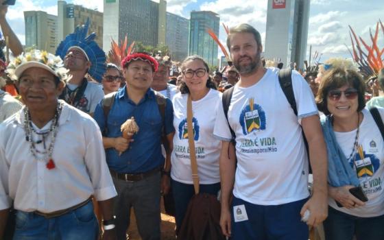 Franciscan Sisters of Our Lady of Aparecida Sr. Joana Ortiz protests the temporal framework with Indigenous people in Brasilia, Brazil.