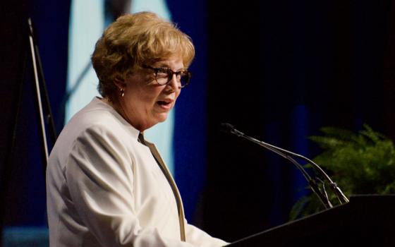 Adrian Dominican Sr. Donna Markham speaks to the Leadership Conference of Women Religious Friday, Aug. 11, after receiving the group's Outstanding Leadership Award. (GSR photo/Dan Stockman)