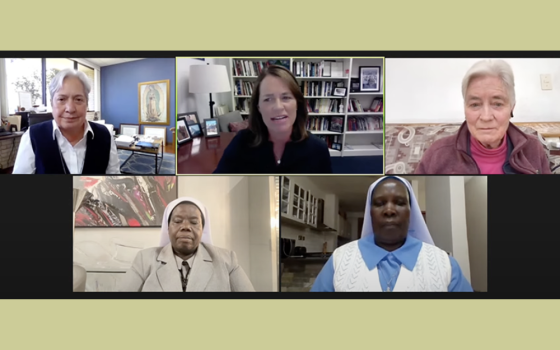 Participants in the Sept. 14 Georgetown University event "Catholic Sisters Living the Church's Social Mission: Signs of Hope" were, top row: Missionary of Jesus Sr. Norma Pimentel; Kim Daniels, director of Georgetown University's Initiative on Catholic Social Thought and Public Life; and Maryknoll Sr. Patricia Ryan. On the bottom row: Sr. Rosemary Nyirumbe of the Sisters of the Sacred Heart of Jesus in Gulu, Uganda, and Sr. Pauline Acayo of the Little Sisters of Mary Immaculate of Gulu. (Screenshot/Courtesy