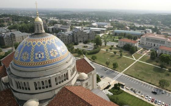 Catholic University of America campus seen from nearby cathedral bell tower.