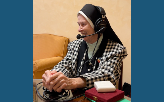 Loretto Sr. Jeannine Gramick speaking on "The Vatican Briefing" podcast about meeting with Pope Francis on Oct. 17 (NCR photo/Joshua J. McElwee)