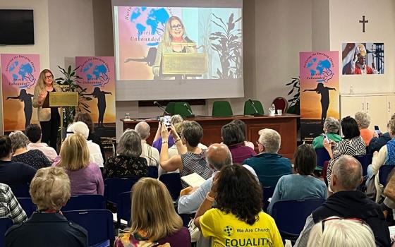 Former Irish President Mary McAleese speaks at the Spirit Unbounded event at Rome's Casa Bonus Pastor on Oct. 13. (NCR photo/Joshua J. McElwee)