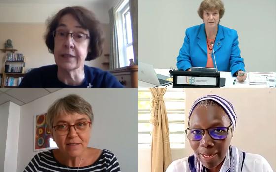 Speakers at a Sept. 25 event organized for members of the women's International Union of Superiors General and the men's Union of Superiors General included (clockwise from upper left): Congregation of Jesus Sr. Gill Goulding, Sacred Heart of Jesus Sr. Maria Cimperman, Immaculate Assumption of Castres Sr. Anne Béatrice Faye and Xavière Sr. Christine Danel (GSR screenshots/YouTube/UISG)