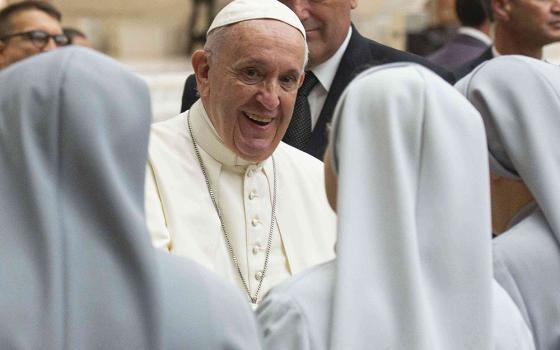 Pope Francis greets a group of nuns as he arrives for his general audience in Paul VI hall at the Vatican Aug. 21, 2019. Sister panelists for The Life discussed how the synodal process affected them, and shared their hopes for the synod. (CNS/Vatican Media)