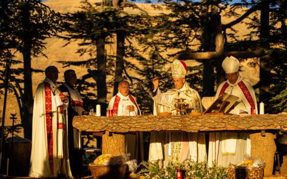 Lebanese Maronite Christian Patriarch Patriarch Beshara al-Rai, second right, leads the sermon to commemorate the Feast of the Transfiguration in the Cedars of God forest, in the northeast mountain town of Bcharre, Lebanon, Saturday, Aug. 5, 2023. (AP/Hassan Ammar)