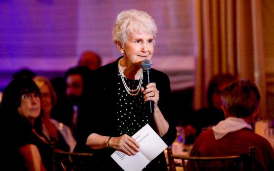 Immaculate Heart of Mary Sr. Christine Koellhoffer speaks at a wedding reception where she served as a co-minister. (Courtesy of Christine Koellhoffer)