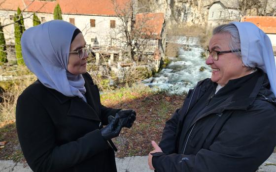 Sr. Blanka Jelicic, left, a Croatian-Slavonian music teacher and member of the Sisters of Mercy of St. Vincent de Paul, with her Muslim friend and colleague in interfaith cooperation, Sejla Mujic Kevric, in the city of Livno, Bosnia and Herzegovina. (GSR/Chris Herlinger)