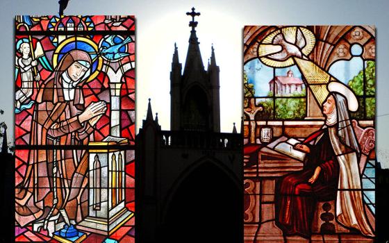 Left: St. Hildegard of Bingen depicted in stained glass in Koblenz, Germany (Wikimedia Commons/Thomas Hummel). Right: St. Teresa of Ávila depicted in stained glass in Ávila, Spain (Wikimedia Commons/Dennis Jarvis). Background photo: A view of the Basilica of Our Lady of the Mount in Bandra, Mumbai, India (Wikimedia Commons/Rakesh).