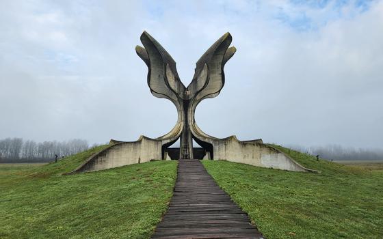 The "Flower Monument," often called the "Stone Flower," is a monument designed by Bogdan Bogdanović  and dedicated in 1966 to the memory of the dead at the Jasenovac concentration camp, Jasenovac, Croatia. (GSR photo/Chris Herlinger)
