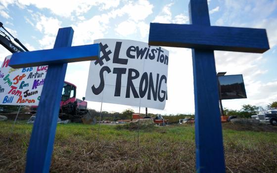 A makeshift memorial is seen in Lewiston, Maine, on Oct. 28, 2023, near Schemengees Bar & Grille Restaurant, one of the locations of Oct. 25 mass shootings.