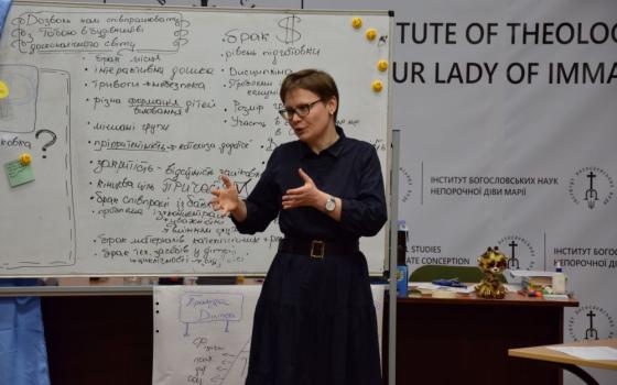 Irena Saszko presents at the training session for sisters at the Institute of Theological Sciences Horodok, Ukraine.