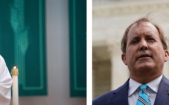 Bishop Mark Seitz of El Paso, Texas, and Texas Attorney General Ken Paxton are pictured in a combination photo. Annunciation House held a press conference Feb. 23, 2024, to address its position in response to Paxton's efforts to shut it down and stop its ministry to migrants. (OSV News/Reuters/Tyler Orsburn/Elizabeth Frantz)