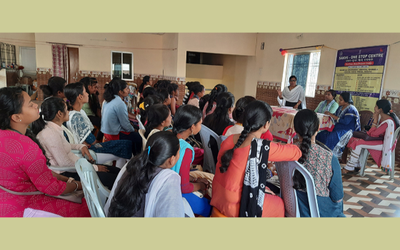 Missionary Sisters Servants of the Holy Spirit Sr. Anita Bandod conducts an awareness program for young women about the risk and challenges of migration, and the safety measures and assistance available in case of danger. (Courtesy of Tessy Jacob)