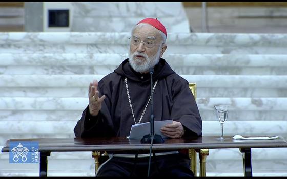 Cardinal Raniero Cantalamessa, preacher of the papal household, offers a Lenten meditation for members of the Roman Curia and Vatican employees in the Paul VI Audience Hall at the Vatican March 1, 2024. (CNS screengrab/Vatican Media)