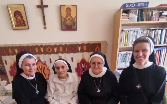 In 2023, Sr. Emanujila Vishka, far right, visited the Basilian Hungarian community in Mariapocs for the first time. There she met Sr. Imre Margit Agota, second from left, then 91, in person. 