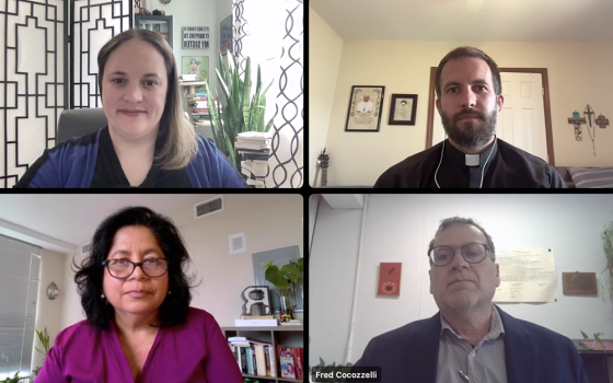 Clockwise, from top left: Host/moderator Meghan Clark, associate professor of theology and religious studies and assistant chair of St. John's College of Liberal Arts and Sciences; Jesuit Fr. Brian Strassburger, director of Del Camino Jesuit Border Ministries; Fred Cocozzelli, chair of the department of government and politics at St. John's University; and Rhina Guidos, GSR Latin America regional correspondent, take part in discussion on the Catholic Church in Nicaragua. (Screenshot by Melody Finnemore)