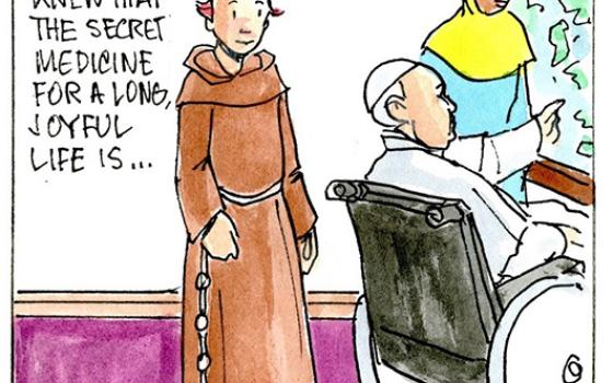 Francis, the comic strip: St. Francis knew the secret medicine for a long, joyful life, and Francis plans to put it into practice!