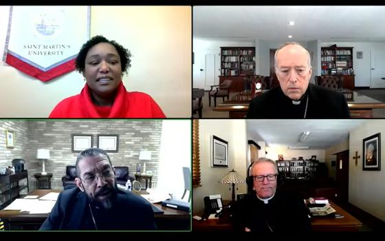 Participating in the May 14 webinar titled titled "Civilize It: Unifying a Divided Church” were (clockwise from top left): moderator Gloria Purvis of America Media; Cardinal Robert McElroy of San Diego; Bishop Robert Barron of Winona-Rochester, Minnesota; and Bishop Daniel Flores of Brownsville, Texas. (NCR screenshot)