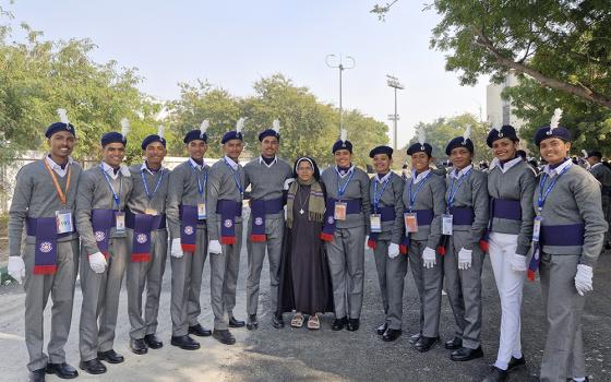 Congregation of the Mother of Carmel Sr. Noel Rose is pictured with a 12-member contingent of the National Service Scheme at Jawaharlal Nehru Stadium in New Delhi, India. (Courtesy of Sr. Noel Rose)