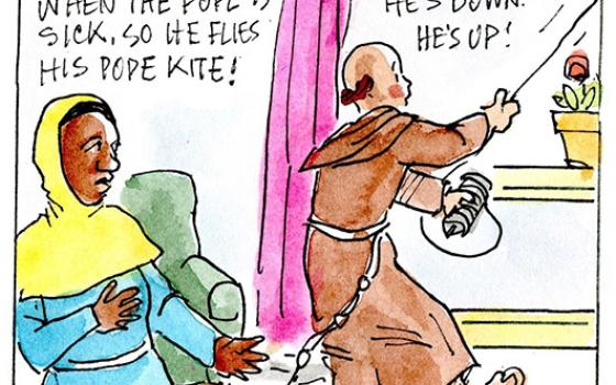 Francis, the comic strip: Leo gets nervous when the pope is sick — so he flies his pope kite!