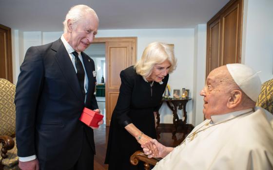 Britain’s King Charles III and Queen Camilla greet Pope Francis during a visit at the Vatican April 9, 2025. (CNS photo/Vatican Media)
