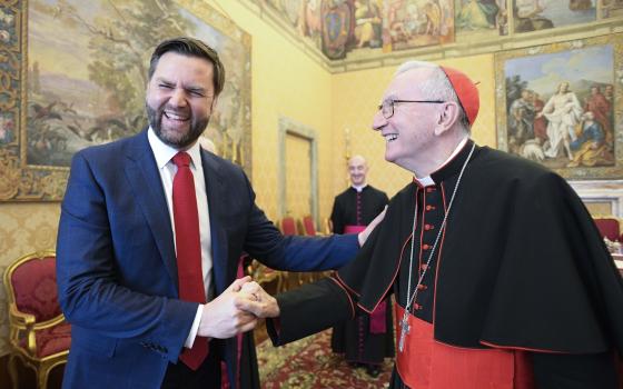 Cardinal Pietro Parolin, Vatican secretary of state, shakes hands with U.S. Vice President JD Vance during a meeting in the Apostolic Palace at the Vatican April 19, 2025. (CNS photo/Vatican Media)