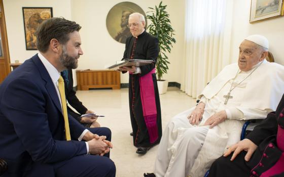 Pope Francis meets briefly with U.S. Vice President JD Vance, and his translator, in the papal residence, the Domus Sanctae Marthae, at the Vatican April 20, 2025. The Vatican said the meeting was an opportunity to exchange best wishes for Easter. (CNS photo/Vatican Media)