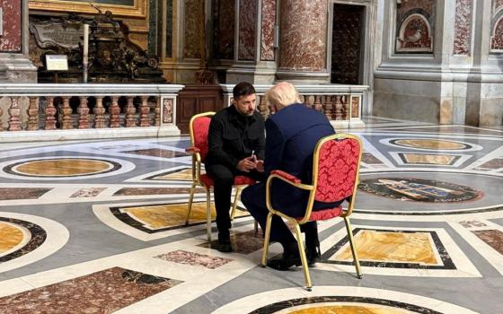 Ukrainian President Volodymyr Zelenskyy and U.S. President Donald Trump meet in St. Peter's Basilica ahead of the funeral of Pope Francis at the Vatican April 26, 2025. (OSV News/Ukrainian Presidential Press Service handout via Reuters)