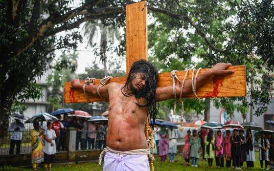 In a Way of the Cross reenactment, Jesus is crucified under the open sky, in front of Dinajpur Cathedral in Bangladesh on April 18, 2025. (Piyas Biswas)