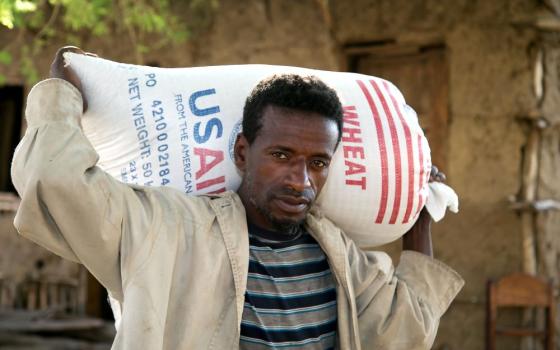 Man carries bag of wheat that says "USAID."