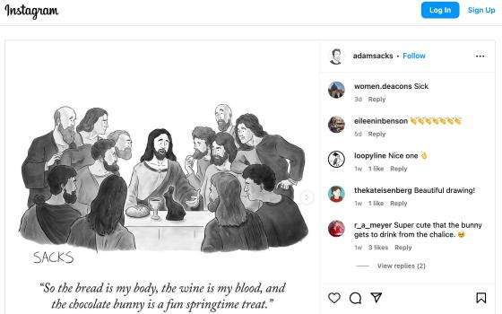 An Instagram post by artist Adam Sacks of his cartoon for the April 14, 2025, issue of The New Yorker (NCR screenshot)