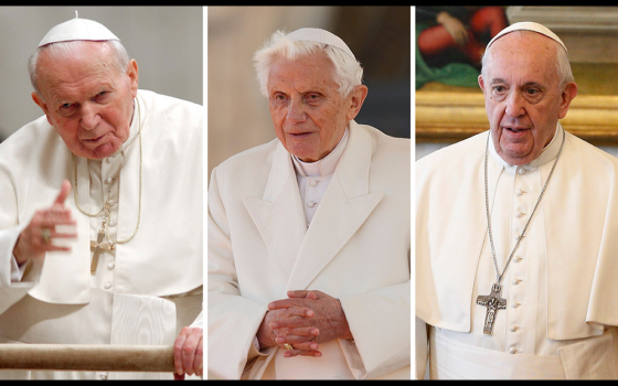 Pope John Paul II, left, Pope Benedict XVI and Pope Francis are seen in this composite photo. (CNS composite/Photos by Max Rossi, Catholic Press Photo; Paul Haring; Paul Haring)