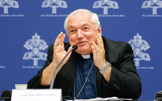 Cardinal Jean-Marc Aveline of Marseille, France, speaks during a briefing about the assembly of the Synod of Bishops on synodality at the Vatican Oct. 23, 2023. (CNS/Lola Gomez)