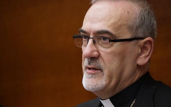 Cardinal Pierbattista Pizzaballa, patriarch of Jerusalem, speaks at a conference at the Pontifical Lateran University in Rome May 2, 2024. (CNS/Justin McLellan)