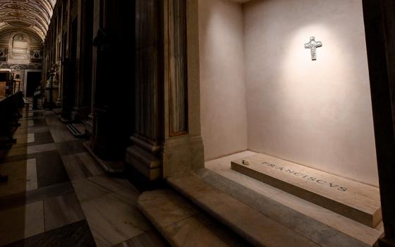 The name "Franciscus" is seen engraved on the tomb of Pope Francis inside the Basilica of St. Mary Major in Rome. The interletter spacing, or kerning, of the engraving has come under scrutiny from typographers and the general public alike. (CNS/Lola Gomez)