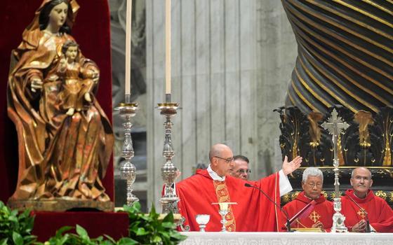 Cardinal Víctor Manuel Fernández, former prefect of the Dicastery for the Doctrine of the Faith, celebrates Mass on the sixth day of the "novendiali," nine days of mourning for Pope Francis, at the Altar of the Confession in St. Peter's Basilica at the Vatican May 1, 2025. (CNS/Lola Gomez)