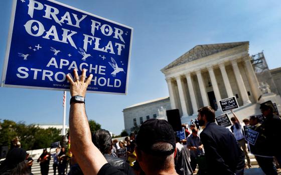 Members of the Native American coalition Apache Stronghold protest outside the U.S. Supreme Court in Washington Sept. 11, 2024, the day the coalition filed an appeal asking the high court to overturn a federal appeals court ruling allowing development of a copper mine in Oak Flat, Ariz., on a site Native Americans consider sacred. (OSV News/Reuters/Piroschka van de Wouw)