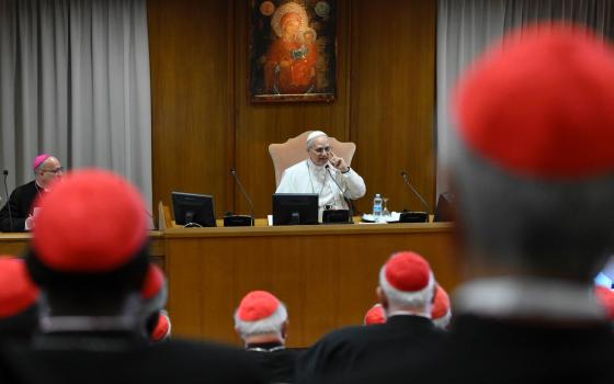 Pope Leo XIV speaks with the College of Cardinals in the New Synod Hall at the Vatican May 10, 2025, during his first formal address to the college since his election May 8. (CNS photo/Vatican Media)