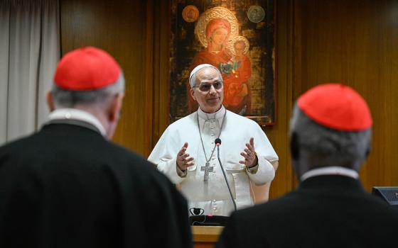 Pope Leo XIV speaks with the College of Cardinals in the New Synod Hall at the Vatican May 10, 2025, during his first formal address to the college since his election May 8. (CNS/Vatican Media)