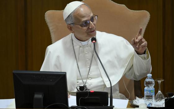 Pope Leo XIV speaks with the College of Cardinals at the Vatican May 10, 2025, during his first formal address to the college. He said he chose his name in homage to Pope Leo XIII, recognizing a need to renew Catholic social teaching to face today's new industrial revolution and developments of artificial intelligence "that pose new challenges for the defense of human dignity, justice and labor." (CNS/Vatican Media)