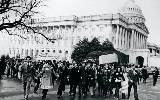 People walk past the U.S. Capitol during the second March for Life in 1975 in Washington. Robert Prevost, a student at Villanova University from 1973-1977 and the future Pope Leo XIV, is believed to have attended one of the early marches, along with other founding Villanovans for Life, between 1975-1977. (OSV News/CNS archive)