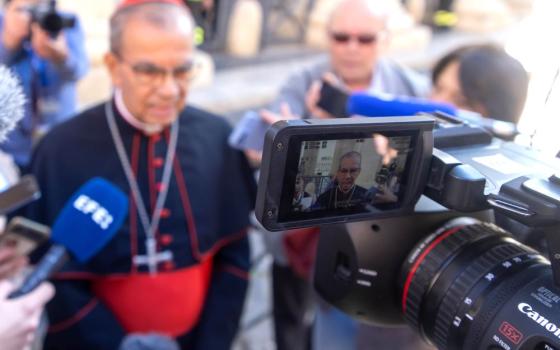 Cardinal Gregorio Rosa Chávez of San Salvador, El Salvador, arrives to attend a general congregation meeting of the College of Cardinals in the New Synod Hall at the Vatican April 29, 2025. At age 82, he cannot vote in the conclave to elect a new pope. (CNS/Pablo Esparza)
