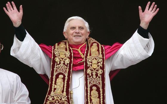 Pope Benedict XVI greets the world from St. Peter's Basilica after his election April 29, 2005. (CNS/Reuters)