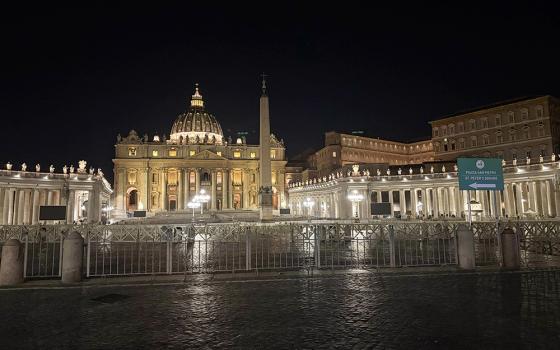 An empty St. Peter's Square the night of May 7, 2025. Black smoke was seen at 9 p.m. local time, indicating that no new pope had been elected on the first day of voting during the conclave to elect a successor to Pope Francis. (NCR photo/Camillo Barone)