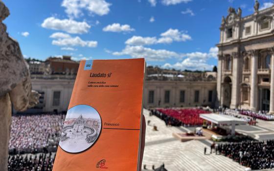 A copy of the encyclical "Laudato Si', on Care for Our Common Home," at Pope Francis' funeral in St. Peter's Square on April 26, 2025 (Tomás Insua)
