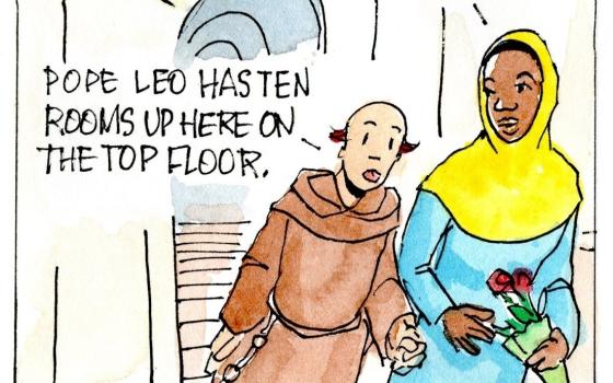 Brother Leo and Gabby make their way up to the papal apartments in the Apostolic Palace.