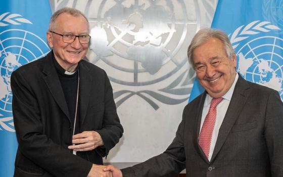 Cardinal Pietro Parolin (left), secretary of state of the Holy See, meets with Secretary-General António Guterres in New York City May 20, 2025. (UN Photo/Eskinder Debebe)