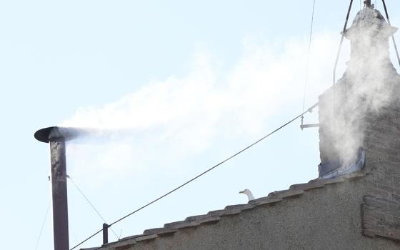 White smoke billows from the chimney of the Sistine Chapel during the conclave to elect a new pope, at the Vatican, on May 8, 2025. (AP photo/Andrew Medichini)